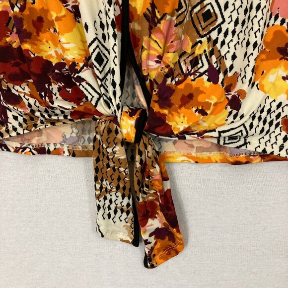 New Chenault Brown Orange Floral Stretch Knit Tie Front Feminine Blouse Large - Picture 3 of 9